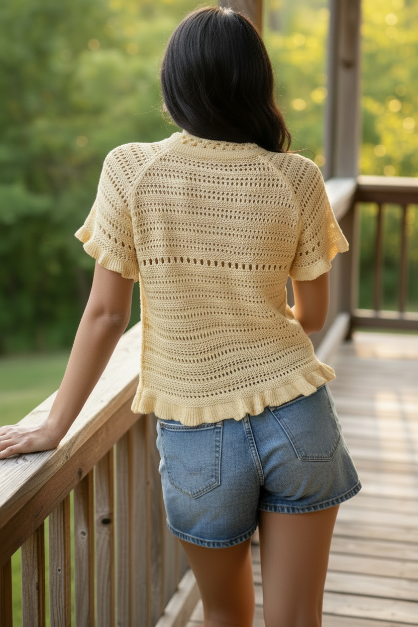 Openwork Seashell Mermaid Knit Ruffle Trim Shirt Short Sleeve Round Neck Crop Top