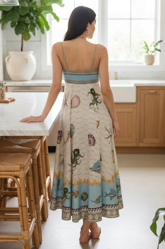 Tropical Sea Life Fish Coastal Empire Waist Square Neck Spaghetti Strap Midi Dress