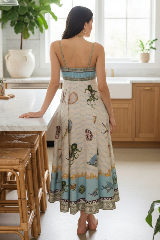 Tropical Sea Life Fish Coastal Empire Waist Square Neck Spaghetti Strap Midi Dress