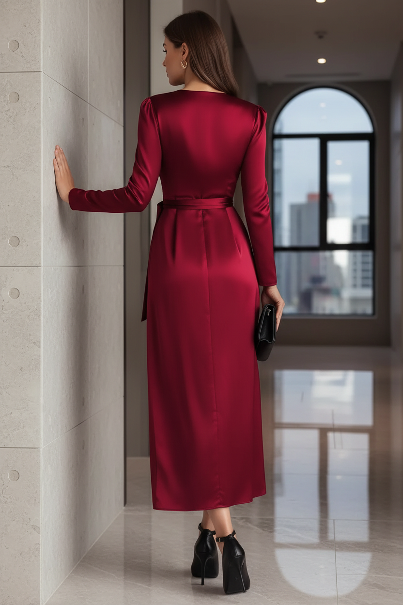 Satin Surplice V-Neck Ruched Side Tie Long Sleeve Lustrous Sleek Maxi Dress