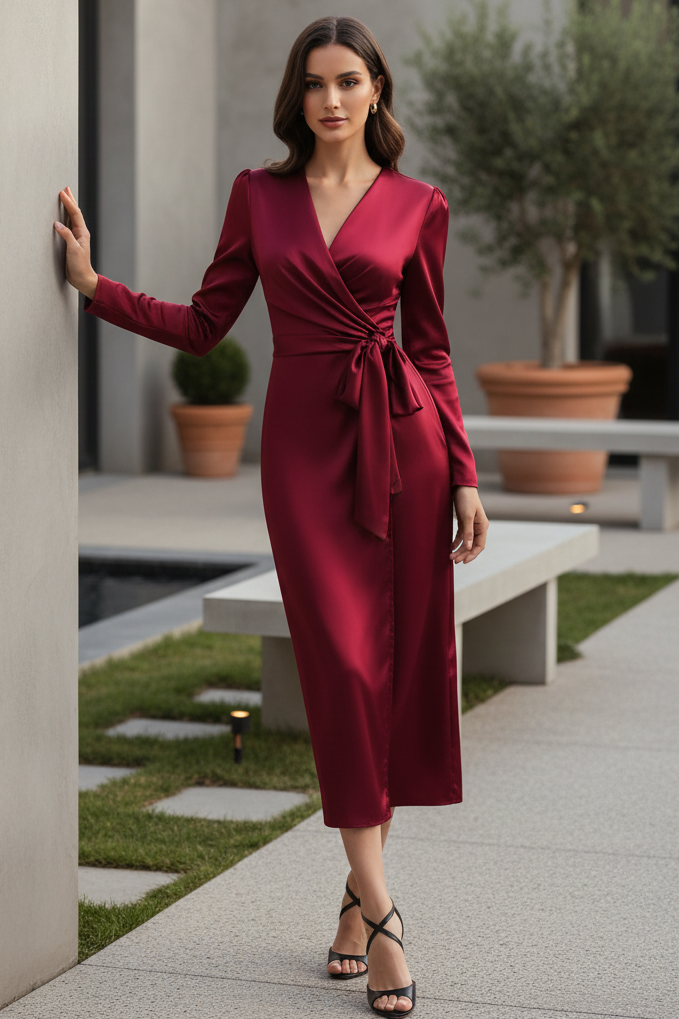 Satin Surplice V-Neck Ruched Side Tie Long Sleeve Lustrous Sleek Maxi Dress