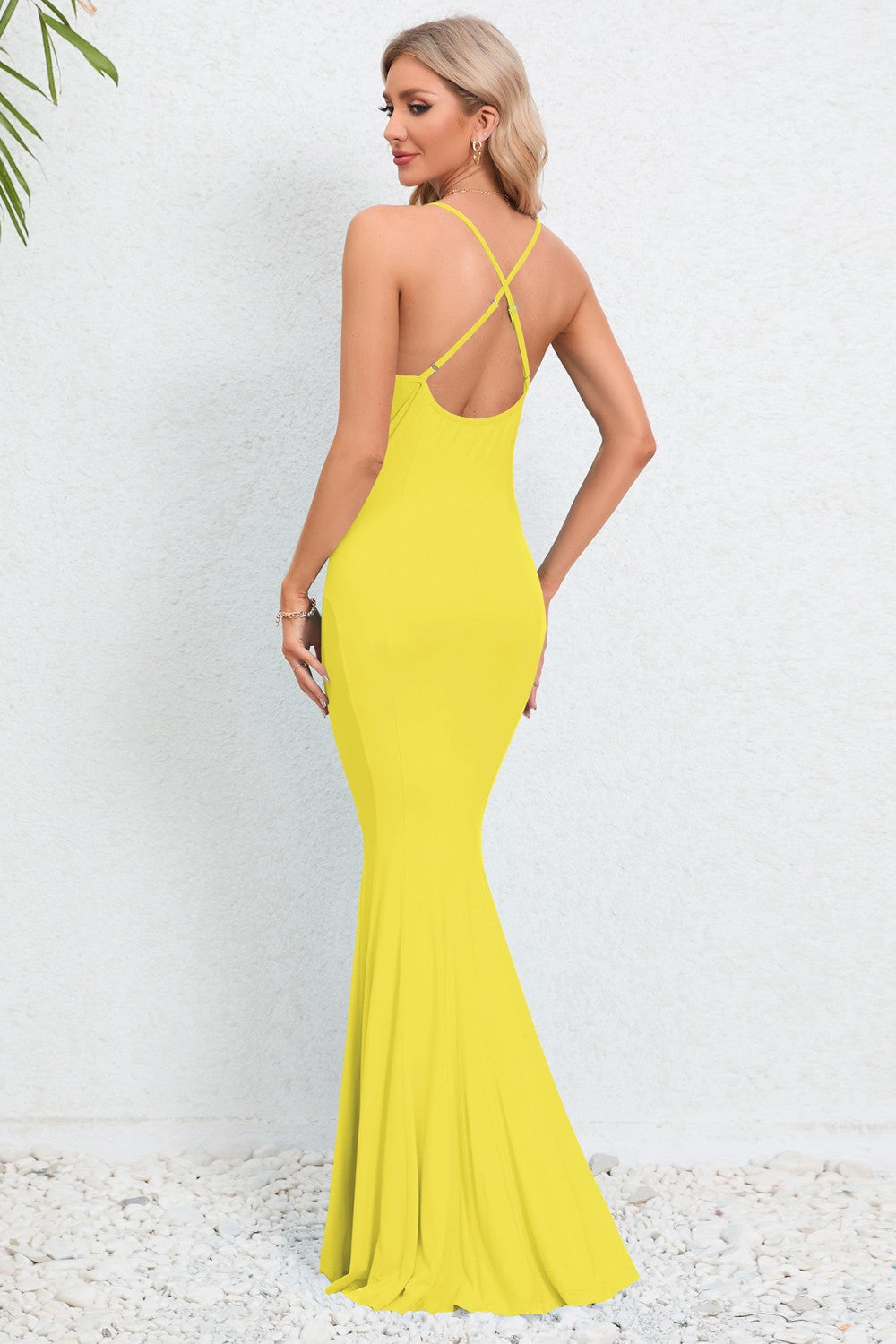 Elegant Spaghetti Open Cross Back Maxi Mermaid Fishtail Formal Long Party Dress