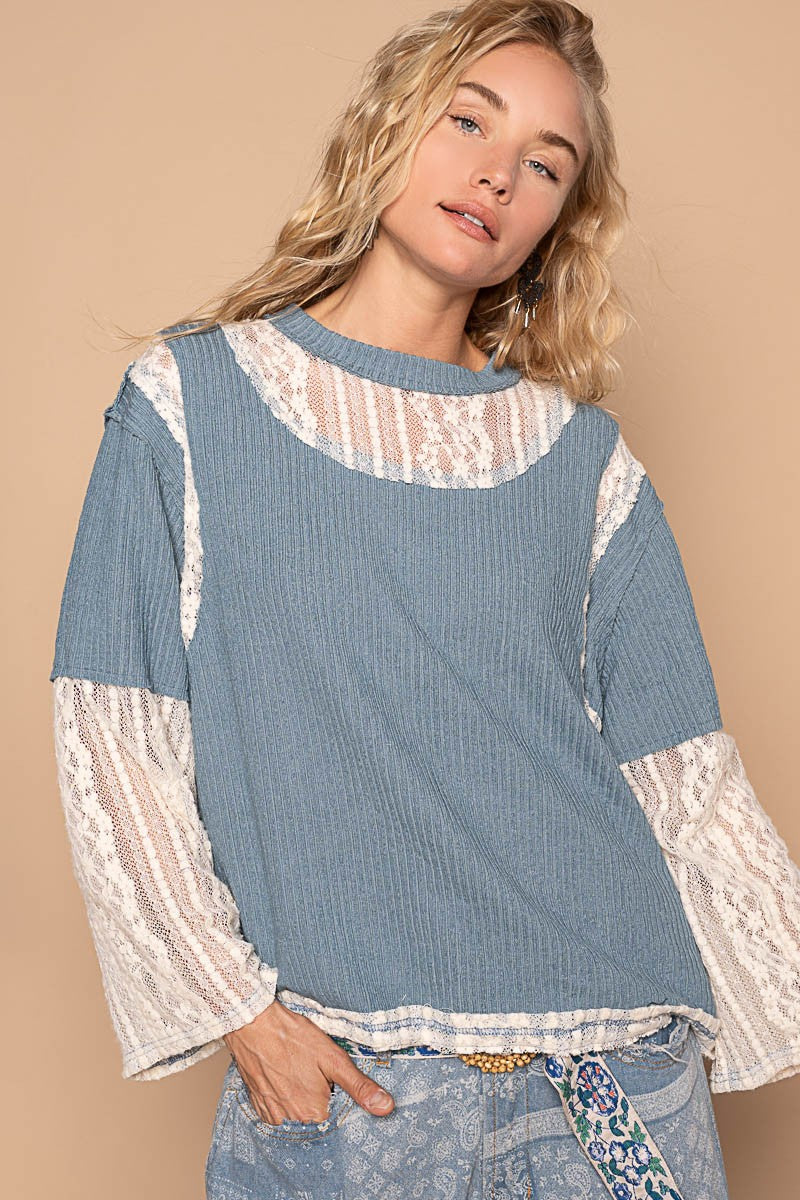 POL Lace Patchwork Retro Ribbed Knit Top Long-Sleeve Shirt Hippie Boho Blouse