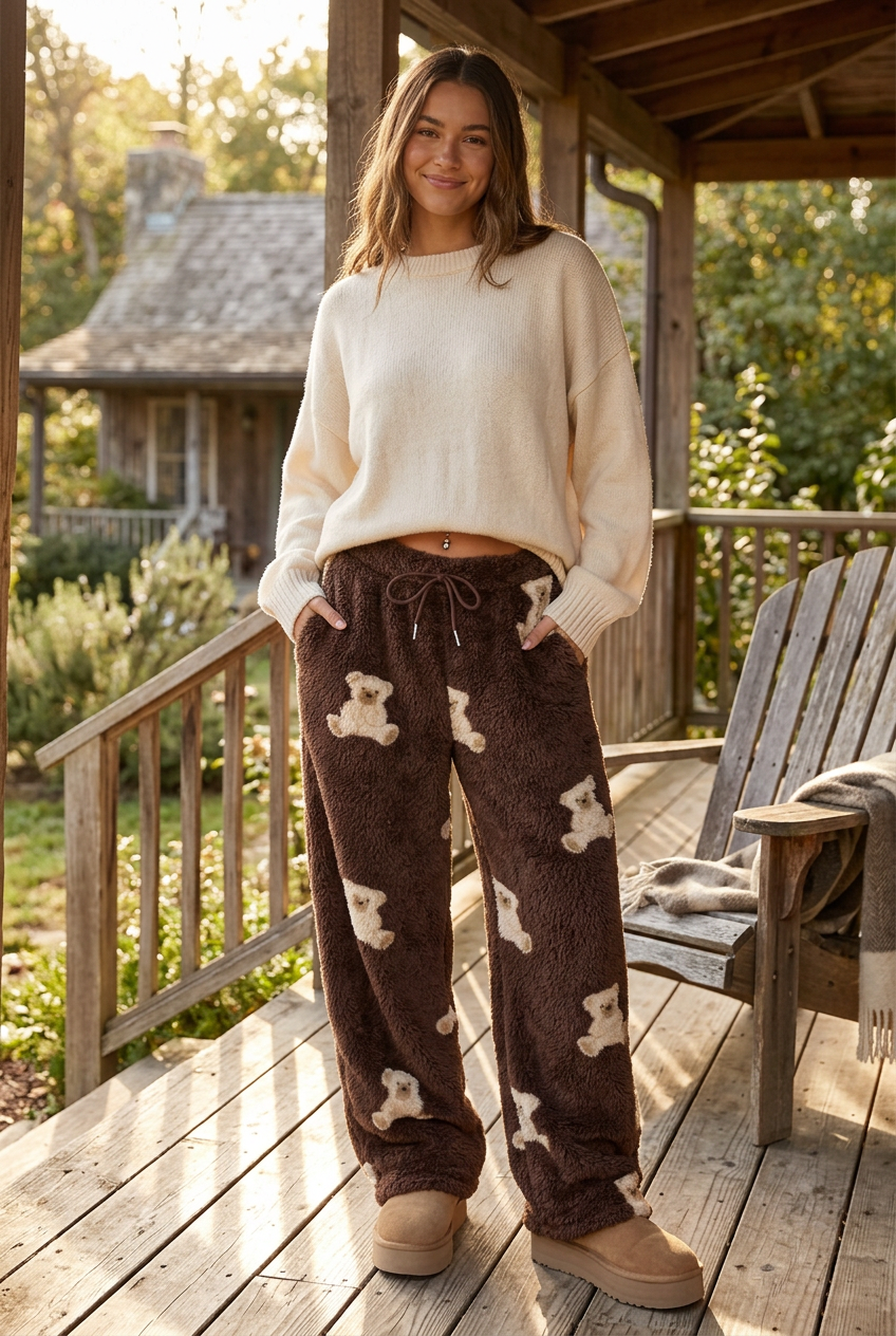Fuzzy Teddy Bear Side Pocket Loungewear Drawstring Waist Fluffy Wide Leg Pants