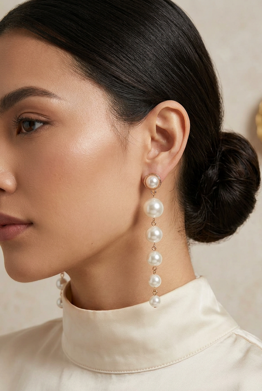 18K GP Graduated Faux Pearl Drop Dangle Earrings Gold Long 2.8 Inch Statement Jewelry