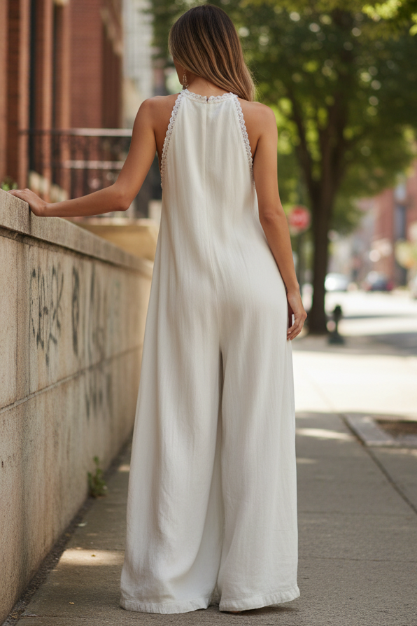 Lace Trim Plunging V-Neck Ultra Wide Leg Boho Jumpsuit Sleeveless One-Piece Outfit