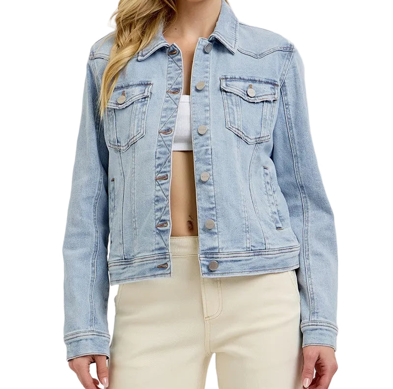 Risen Classic Dual Chest Pocket Light Wash Button Down Blue Jean Denim Jacket
