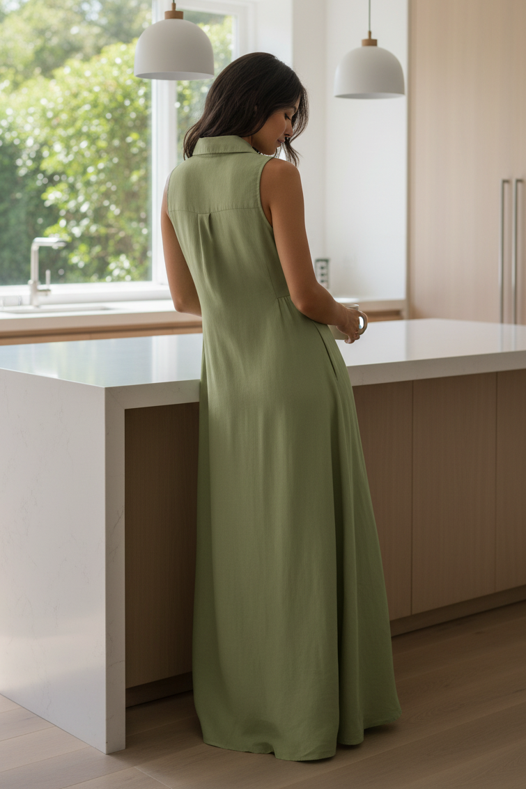 Collared Maxi Shirt Dress Sleeveless Button-Down Side Slit Pocket