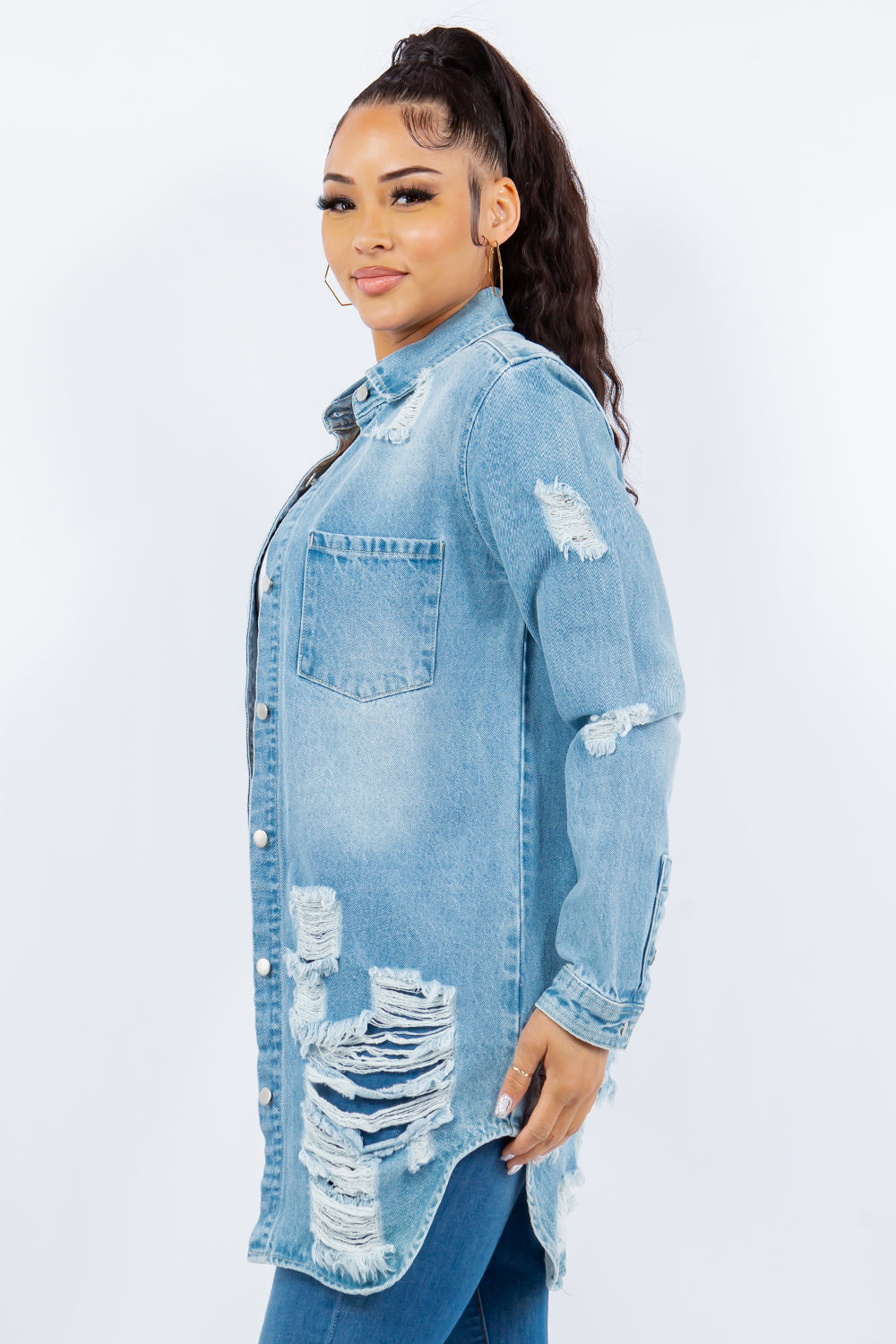 American Bazi Torn Distressed Hole Oversized Shacket Cotton Denim Jean Jacket Light Blue