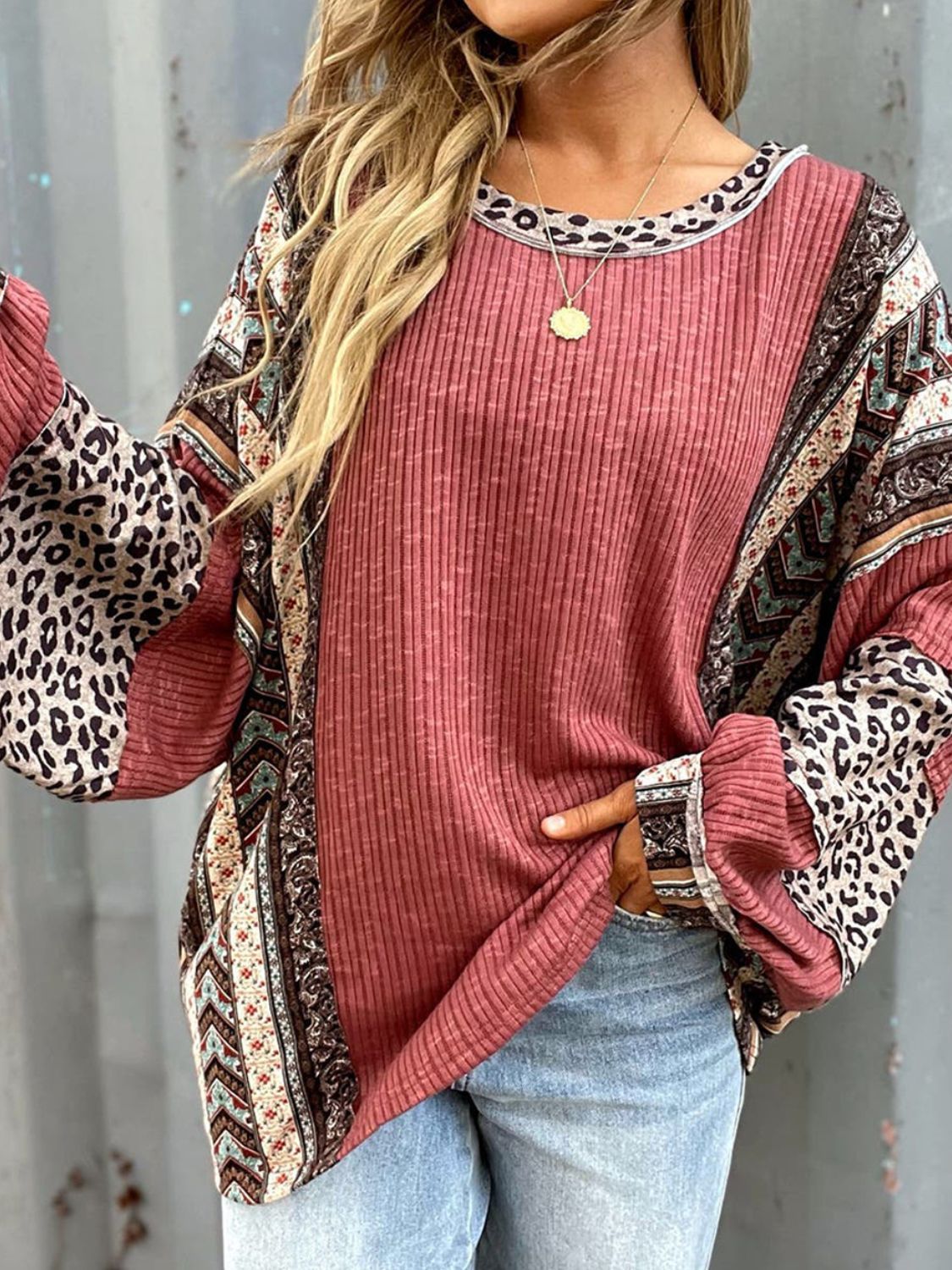 Leopard Patchwork Retro Floral Stripe Long Sleeve Blouse Top Hippie Boho Shirt