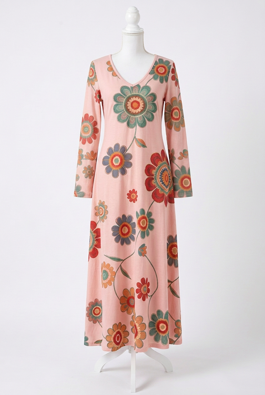 Groovy Floral Daisy V-Neck Long Sleeve Colorful Retro A-line Maxi Dress Hippie Boho