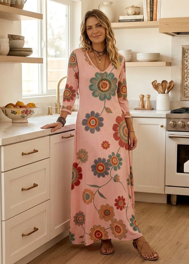 Groovy Floral Daisy V-Neck Long Sleeve Colorful Retro A-line Maxi Dress Hippie Boho
