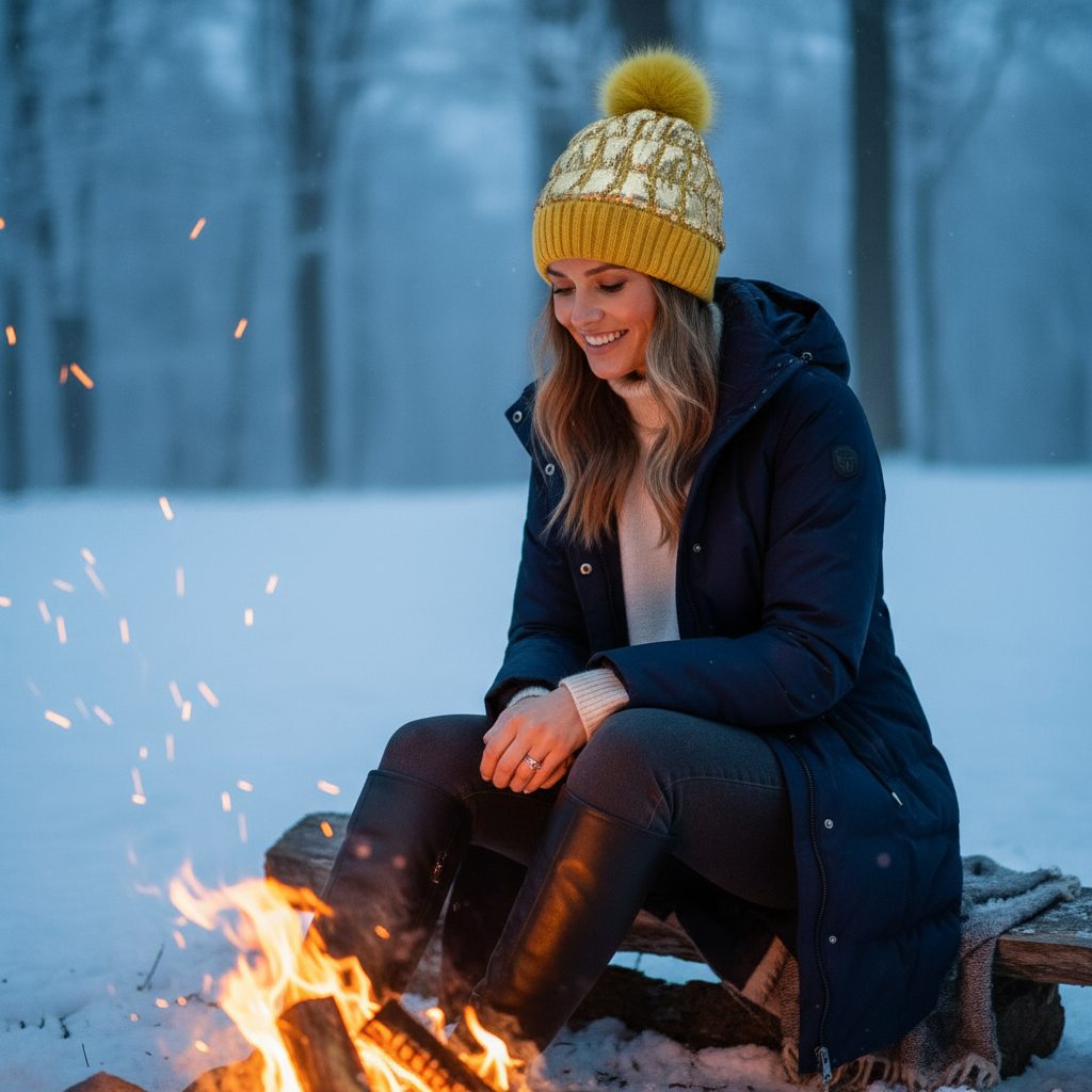 Metallic Puffer Beanie Quilted Thermal Sherpa Lined Winter Hat Faux Fur Pompom Cap