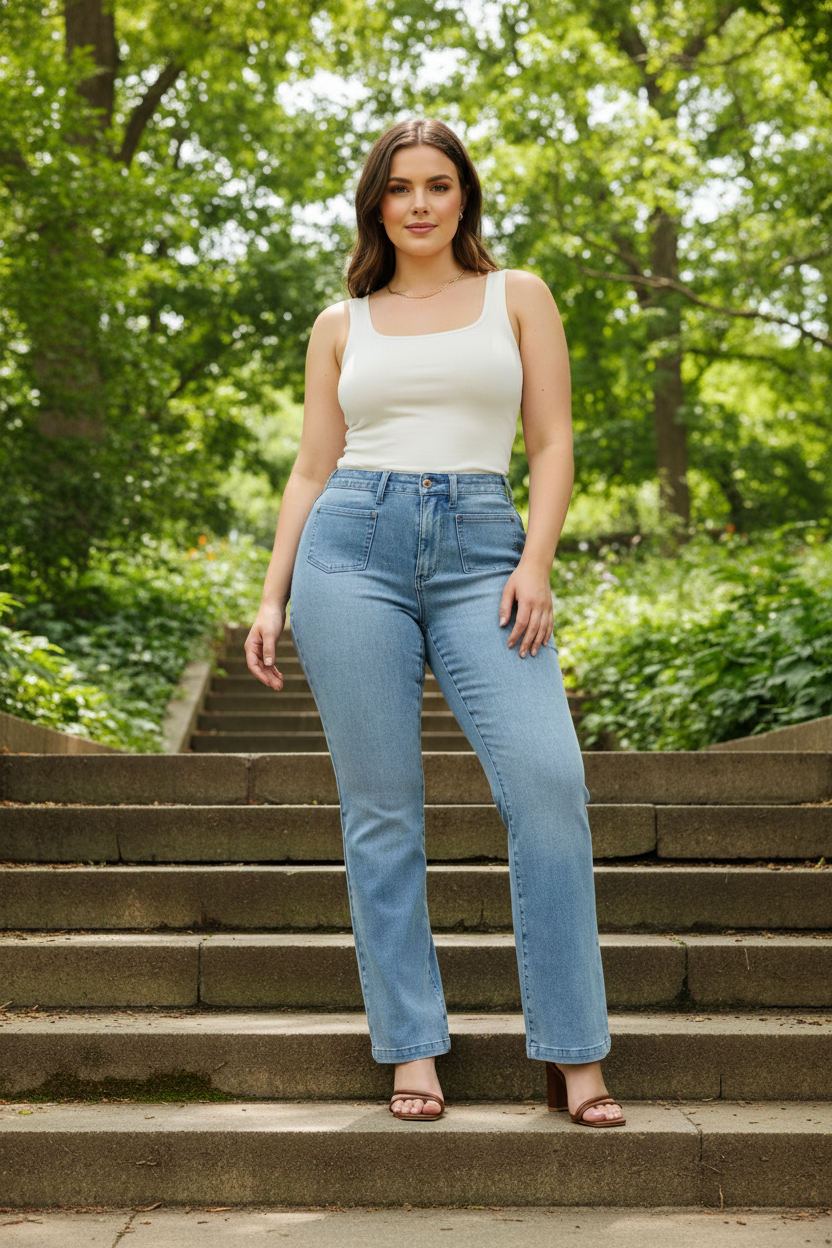 Judy Blue Retro Mid-Rise 70s Patch Pocket Pants Slim Fit Bootcut Leg Denim Jeans Plus Size Available