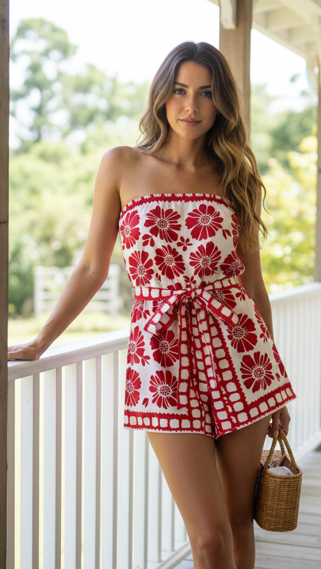 Strapless Retro Floral Belted Tie Waist Romper Elastic Square Neck One-Piece Shorts