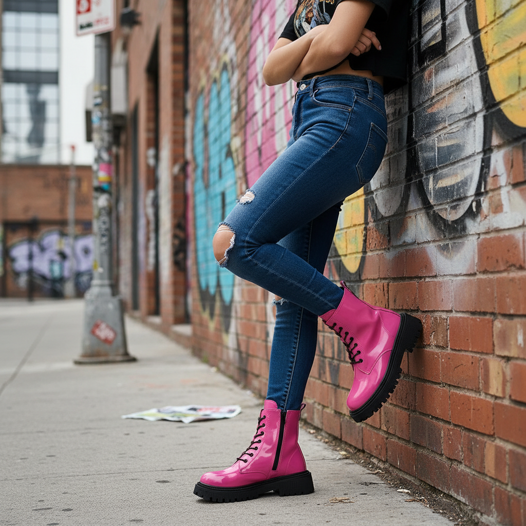 Bright Platform Chunky Lug Combat Boots Vegan Patent Leather Lace-Up K-pop Shoes