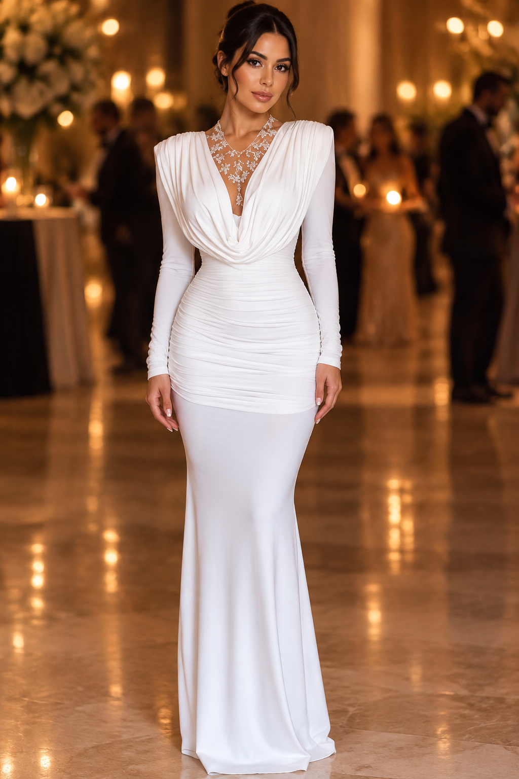 Ruched Cowl Neck Long Sleeve Bodycon Maxi Dress Draped Open Back Formal Gown