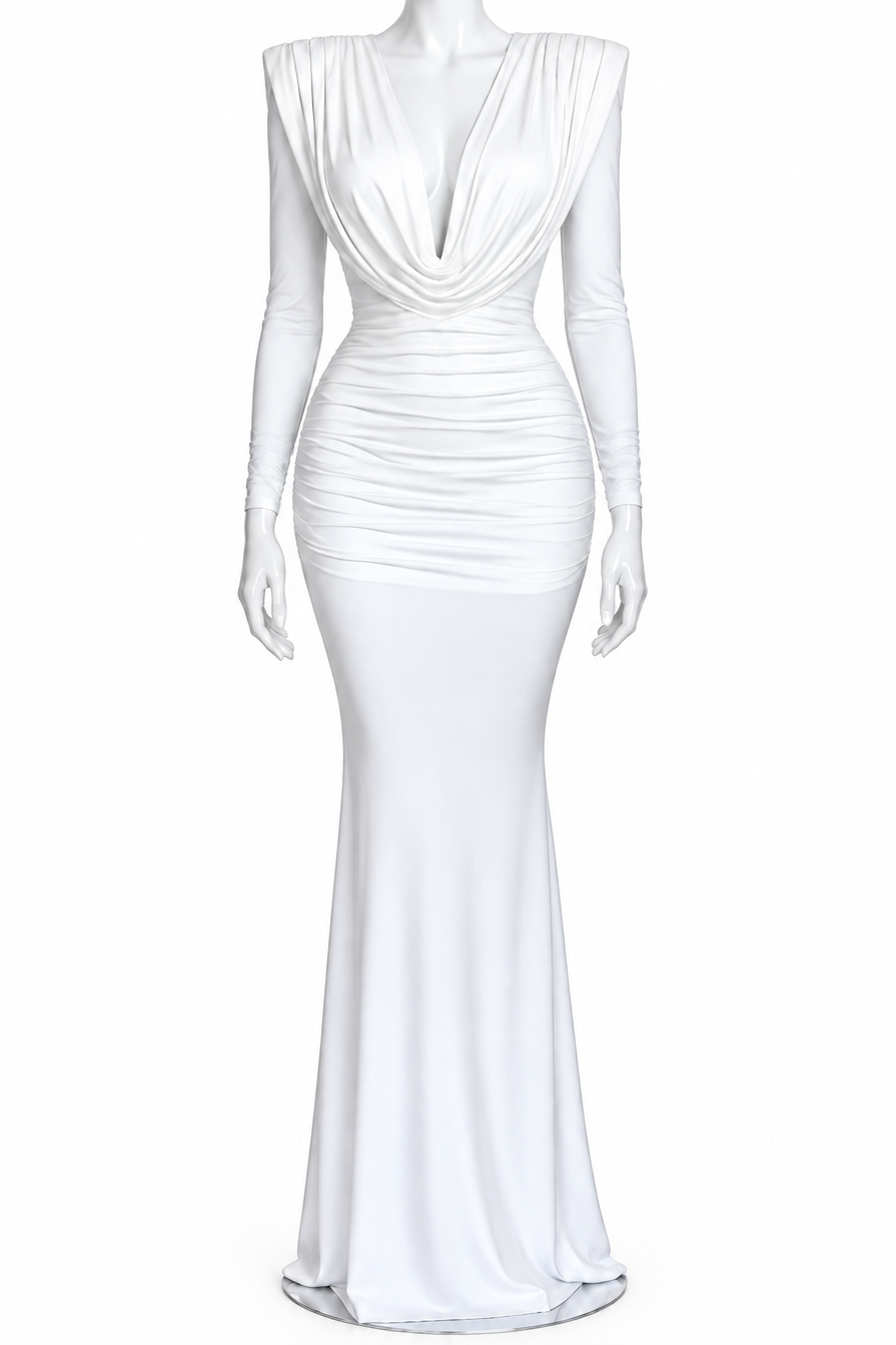 Ruched Cowl Neck Long Sleeve Bodycon Maxi Dress Draped Open Back Formal Gown