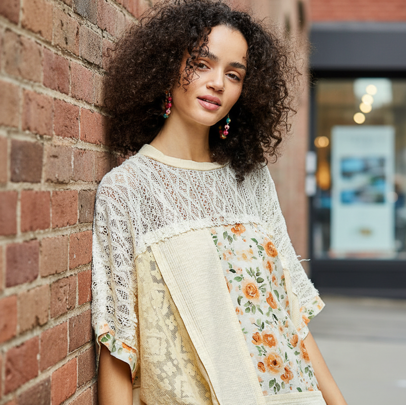 POL Floral Patchwork Lace Waffle Knit Top Oversized Blouse Exposed Seam Shirt Cream