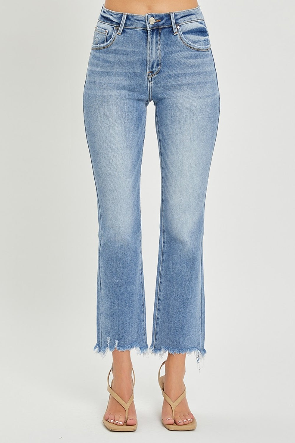 RISEN High-Rise Straight Leg Cropped Frayed Raw Hem Jeans Denim Pants