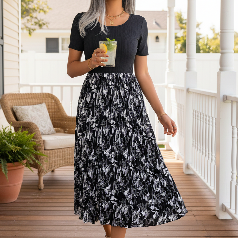 Floral Accordion Pleated Midi Dress Round Neck Short Sleeve Flowing Colorblock A-Line