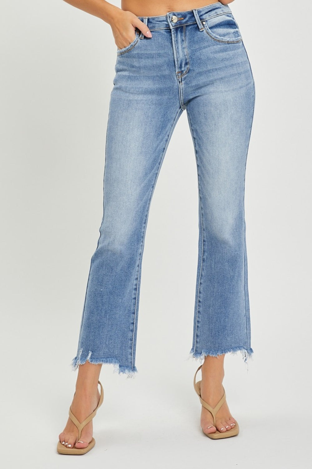 RISEN High-Rise Straight Leg Cropped Frayed Raw Hem Jeans Denim Pants