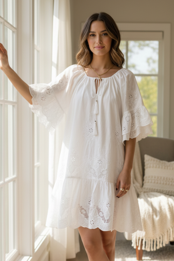 Cotton Eyelet Embroidered Tassel Tie Keyhole Neckline Ruffle Sleeve Mini Dress