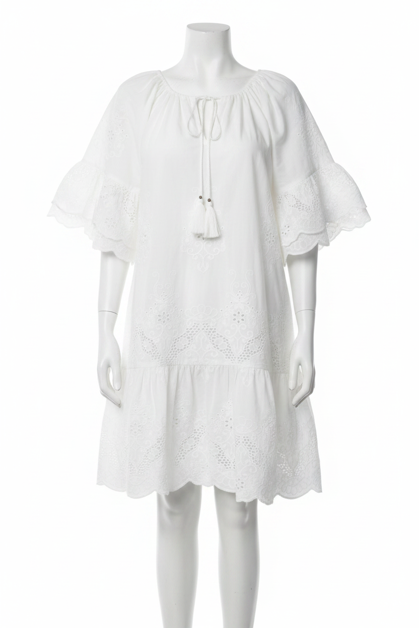 Cotton Eyelet Embroidered Tassel Tie Keyhole Neckline Ruffle Sleeve Mini Dress
