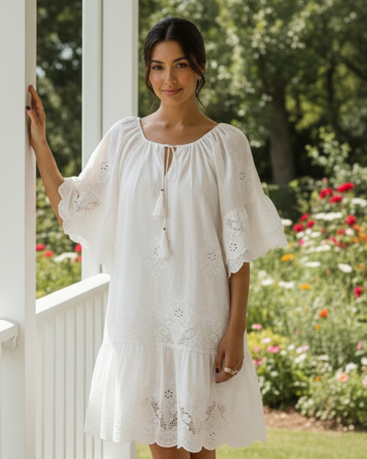 Cotton Eyelet Embroidered Tassel Tie Keyhole Neckline Ruffle Sleeve Mini Dress