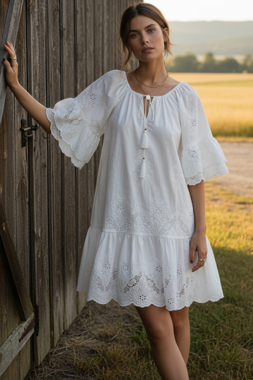 Cotton Eyelet Embroidered Tassel Tie Keyhole Neckline Ruffle Sleeve Mini Dress