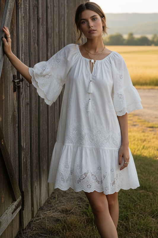 Cotton Eyelet Embroidered Tassel Tie Keyhole Neckline Ruffle Sleeve Mini Dress