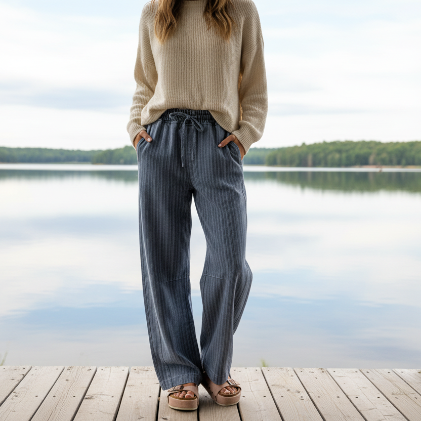 SO ME Retro Stripe Denim Horseshoe Barrel Jeans Drawstring Waist Denim Jeans