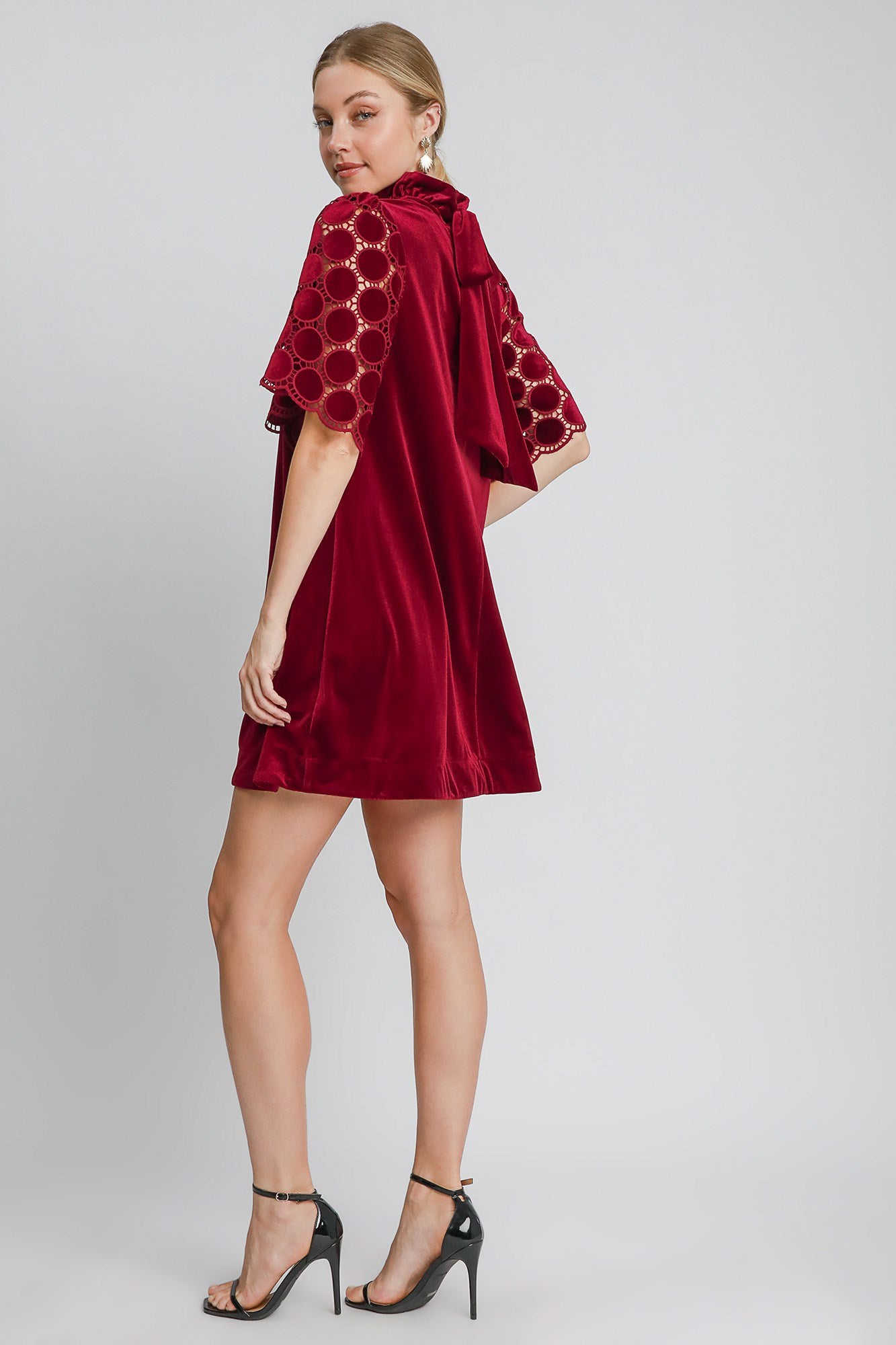 Umgee Velvet Polka-dot Lace Trapeze Ruffle Mock Neck Bow Mini Shift Dress