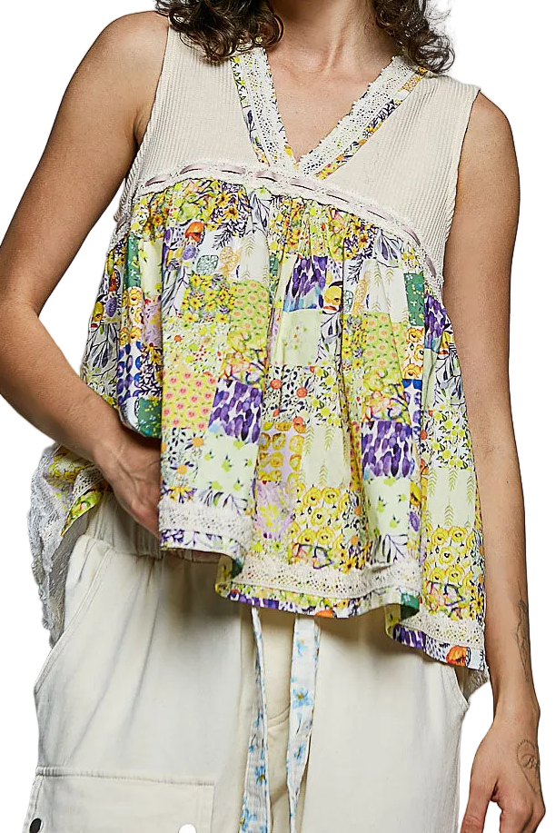 POL Lace Retro Floral Patchwork V-Neck Sheer Back High-Low Hem Cotton Tank Top