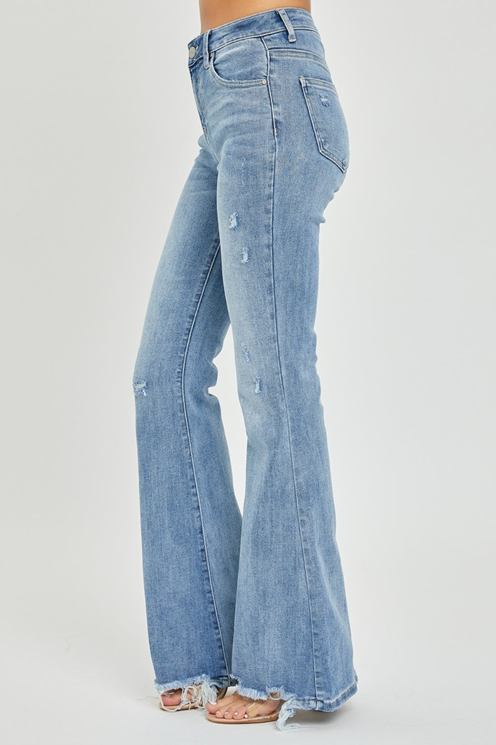 RISEN High-Rise Slim Waist Jeans Distressed Torn Wide Flare Hem Denim Pants