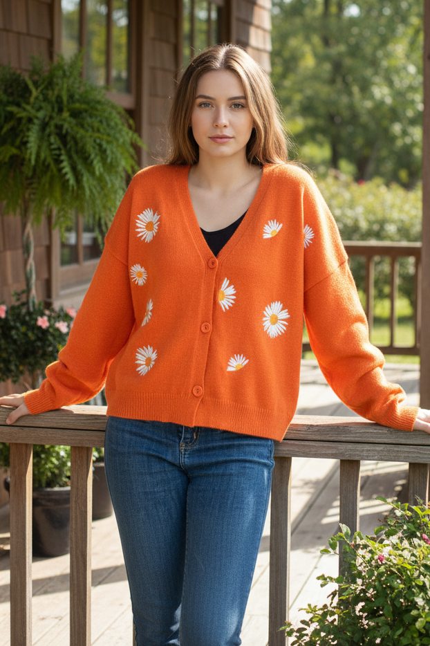 Granny Embroidered Daisy Button Front Sweater V-Neck Long Sleeve Knit Cardigan