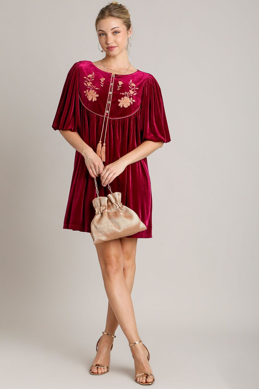 Umgee Velvet Rose Embroidered Floral Tassel Half Sleeve Trapeze Mini Dress