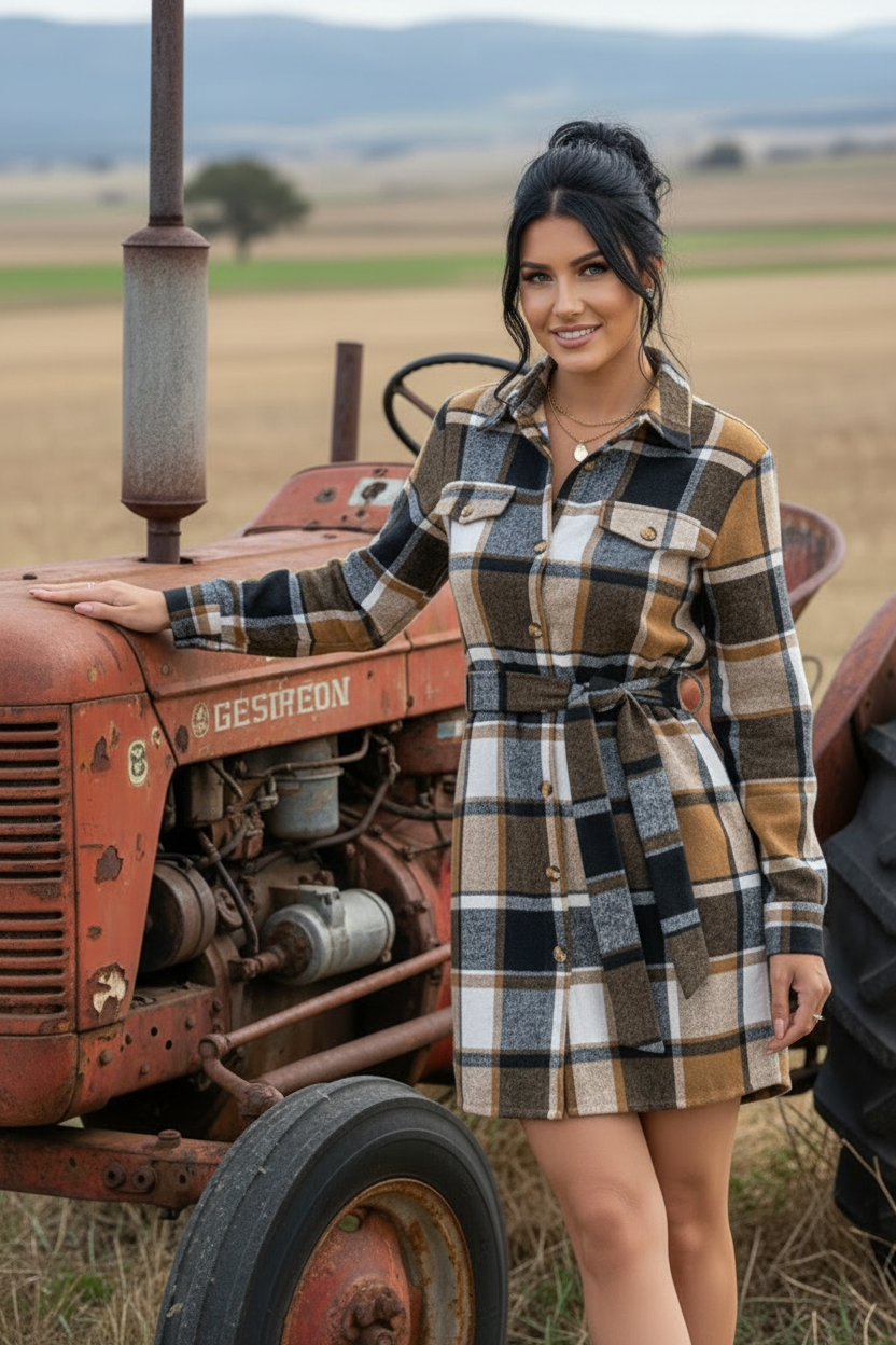 Plaid Tie Belted Button-Front Long Sleeve Mini Collared Shirt Dress Chest Pockets
