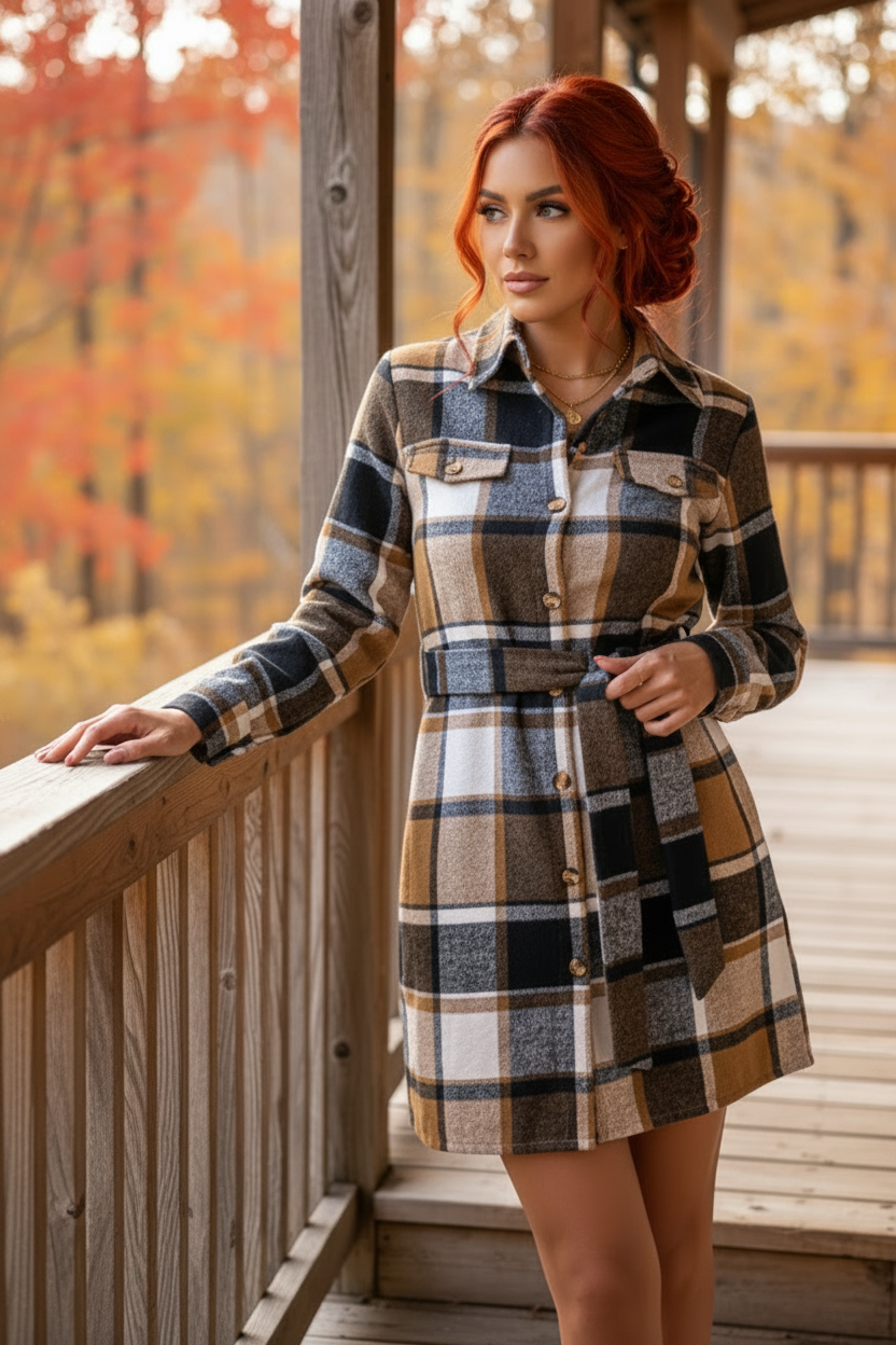 Plaid Tie Belted Button-Front Long Sleeve Mini Collared Shirt Dress Chest Pockets