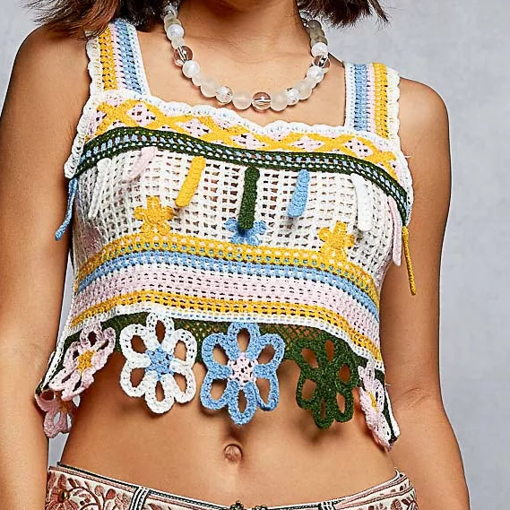 POL 70s Revival Retro Flower Crochet Tank Patchwork Crop Cami Sleeveless Top Yellow