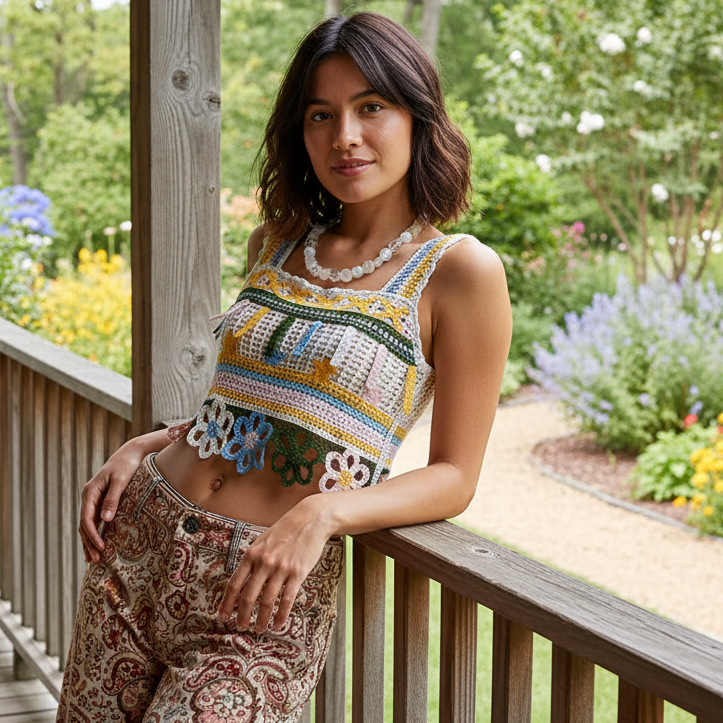 POL 70s Revival Retro Flower Crochet Tank Patchwork Crop Cami Sleeveless Top Yellow