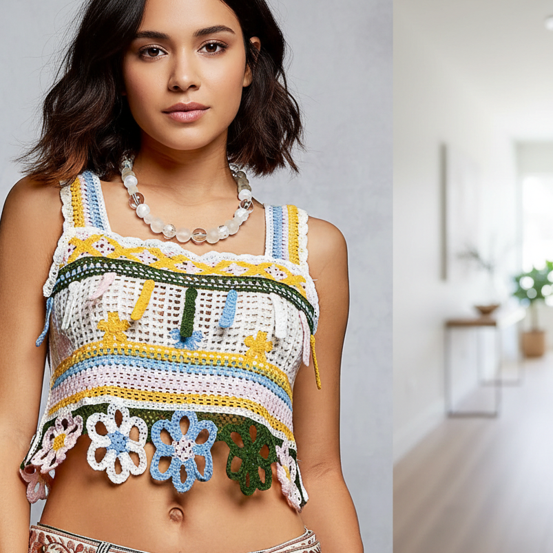 POL 70s Revival Retro Flower Crochet Tank Patchwork Crop Cami Sleeveless Top Yellow