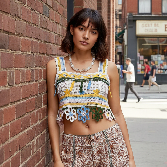 POL 70s Revival Retro Flower Crochet Tank Patchwork Crop Cami Sleeveless Top Yellow