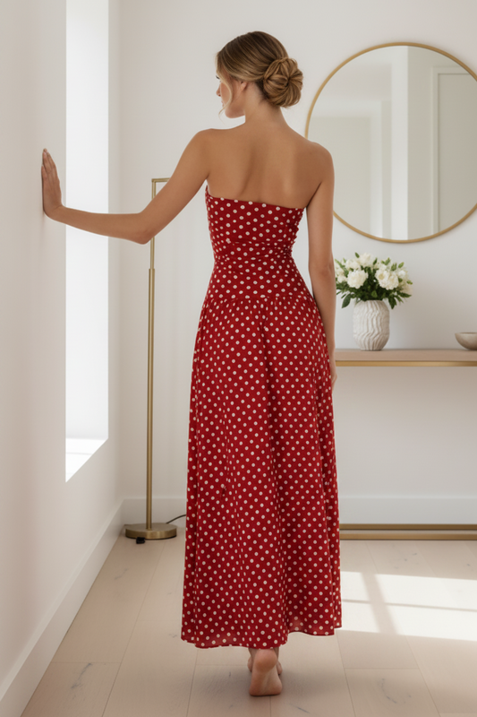 Retro Polka Dot Bandeau Strapless Ruched Drop Waist Fit & Flare Maxi Dress