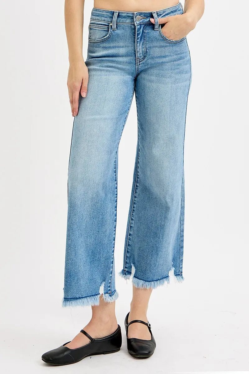 RISEN Mid-Rise Wide Leg Pants Frayed Torn Cropped Hem Boyfriend