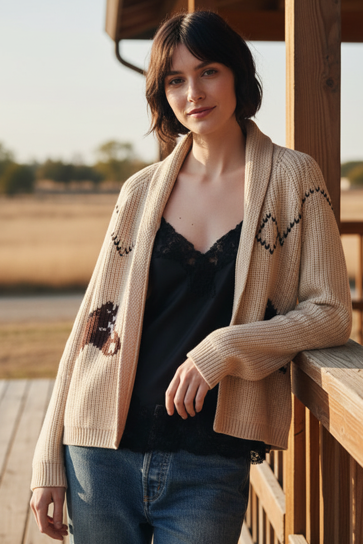 Nautical Sailboat Equestrian Horse Shawl Collar Open Front Preppy Boxy Knit Cardigan