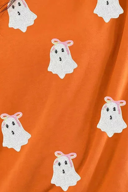 Sequin Ghost Exposed Seam Mock Neck Halloween Long Sleeve Boxy Sweatshirt