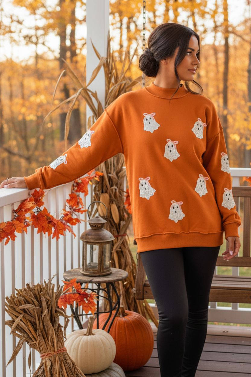 Sequin Ghost Exposed Seam Mock Neck Halloween Long Sleeve Boxy Sweatshirt