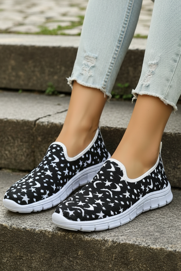 Celestial Star Moon Stretch Knit Slip-On Sneakers Color Contrasting Casual Shoes