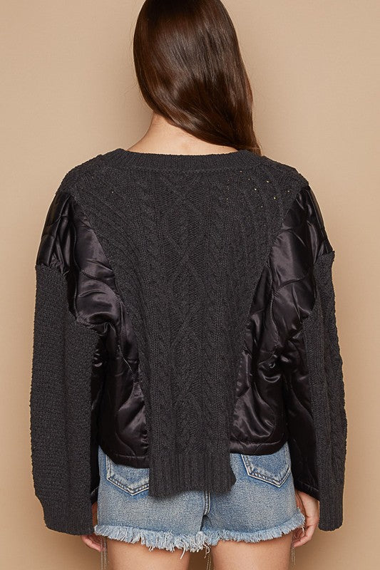 POL Quilted Waffle Cable Knit Patchwork High-low Top Long Sleeve Crop Sweater